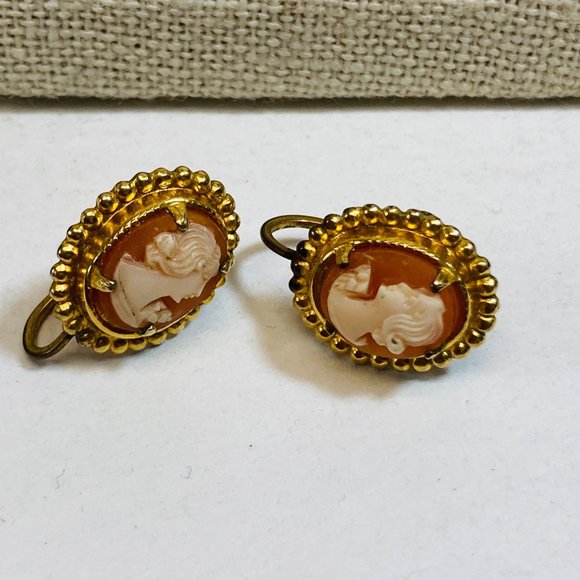 Jewelry - Vintage Cameo Earrings 12K Gold Filled Estate Sale Pink White Screwback as is